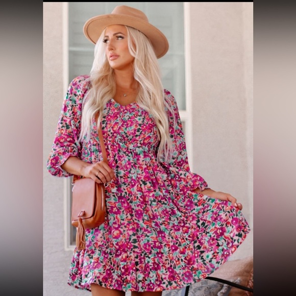 Fuchsia Smocked Puffy Sleeve Floral Drop Waist Dress - Picture 1 of 10